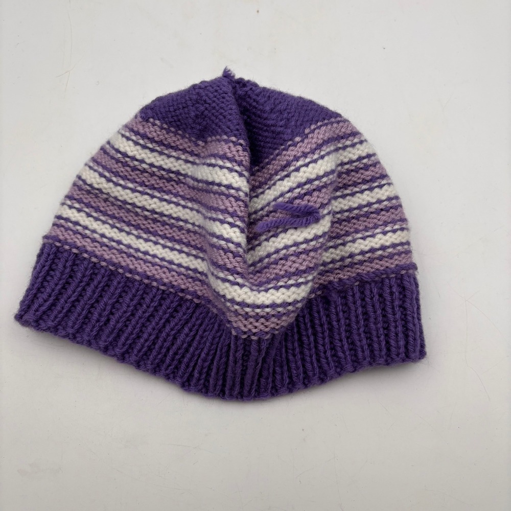 Hand Knit Beanie Hat Purple Lavender White Striped Cozy Winter Warm Women - Picture 4 of 4
